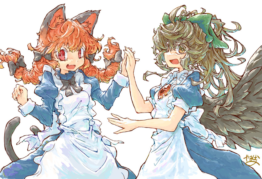 2girls animal_ears bird_wings black_bow black_bowtie bow bowtie braid brown_hair cat_ears cat_tail commentary_request green_bow hair_bow highres juliet_sleeves kaenbyou_rin long_hair long_sleeves looking_at_viewer maid multiple_girls multiple_tails open_mouth puffy_sleeves purple_hair red_eyes redhead reiuji_utsuho short_hair short_sleeves signature simple_background tail third_eye touhou twin_braids two_tails white_background wings yamasina009