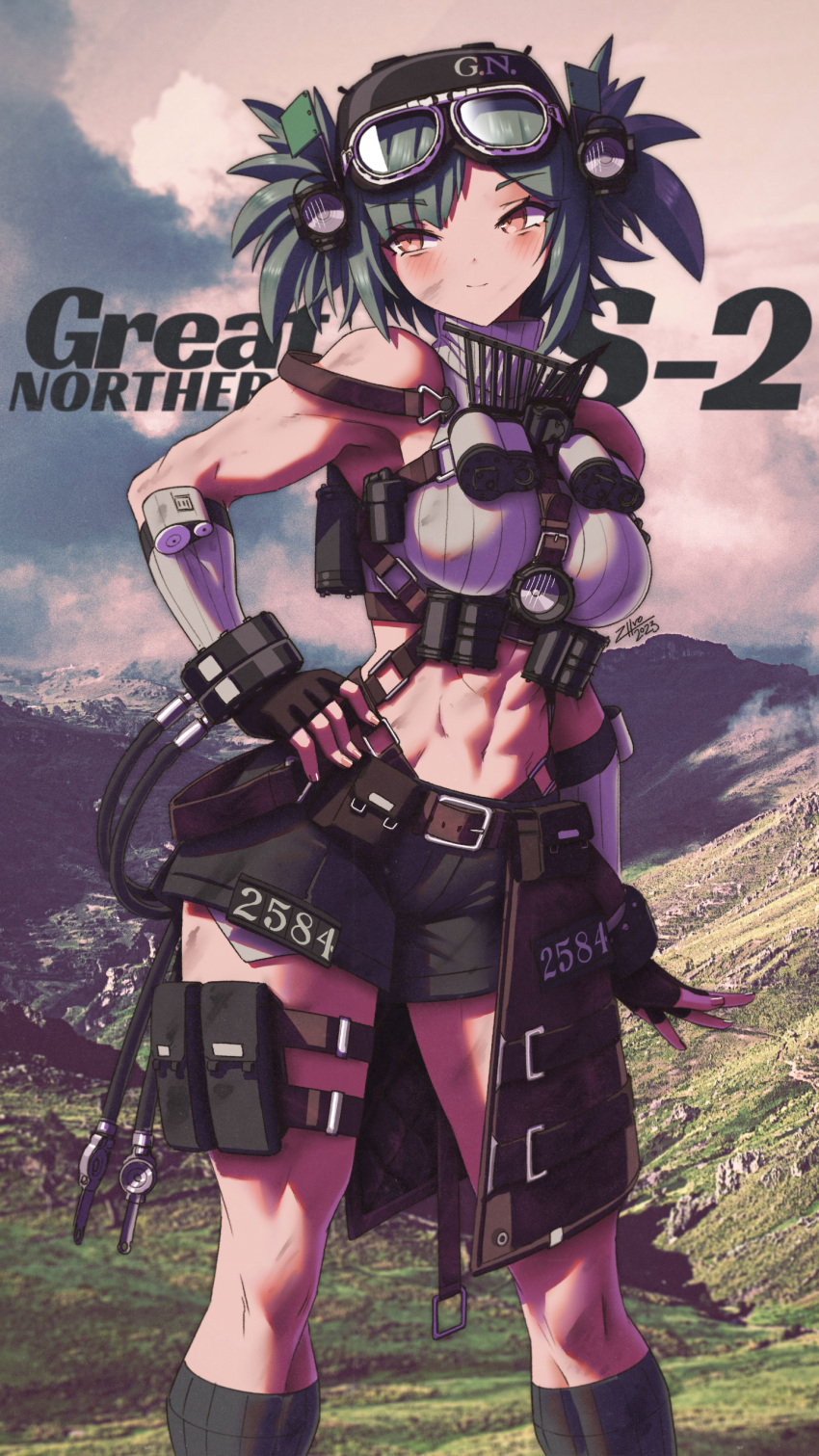 1girl abs absurdres belt breasts clothing_cutout detached_sleeves fingerless_gloves gloves goggles goggles_on_head green_hair grey_socks highres medium_breasts muscular muscular_female original personification short_shorts shorts smile socks solo strap train turtleneck yellow_eyes zhvo