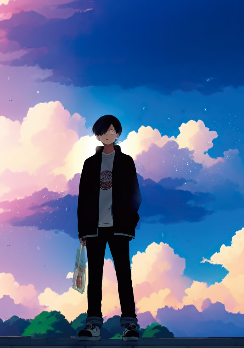 1boy absurdres bag black_hair black_jacket blue_sky choujin_x clouds hand_in_pocket highres holding holding_bag ishida_sui jacket kurohara_tokio_(choujin_x) official_art open_clothes open_jacket open_mouth outdoors shirt sky star_(sky) sunset white_shirt