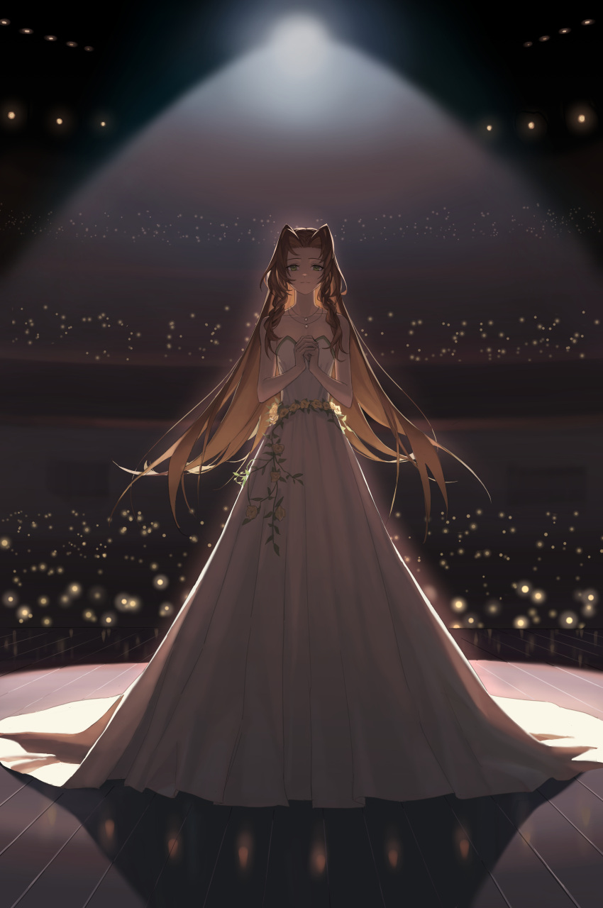 1girl absurdres aerith_gainsborough aerith_gainsborough_(white_floral_dress) audience backlighting bare_arms bare_shoulders breasts brown_hair closed_mouth dododo dress dress_flower final_fantasy final_fantasy_vii final_fantasy_vii_rebirth final_fantasy_vii_remake flower full_body green_eyes highres jewelry long_dress long_hair looking_at_viewer medium_breasts necklace official_alternate_costume own_hands_clasped own_hands_together parted_bangs rose sidelocks solo stage_lights strapless strapless_dress wavy_hair white_dress yellow_flower yellow_rose