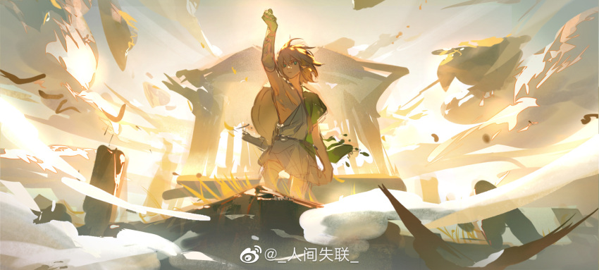 1boy arm_up armpits bare_arms bishounen blonde_hair blue_eyes clenched_hand clouds cowboy_shot glowing hair_between_eyes highres link male_focus outdoors pointy_ears renjian_shilian robe ruins sheath sheathed shield shield_on_back short_hair simple_bird single_bare_shoulder sky solo sunrise sword sword_on_back the_legend_of_zelda the_legend_of_zelda:_breath_of_the_wild toga watermark weapon weapon_on_back weibo_logo weibo_username white_robe yellow_sky