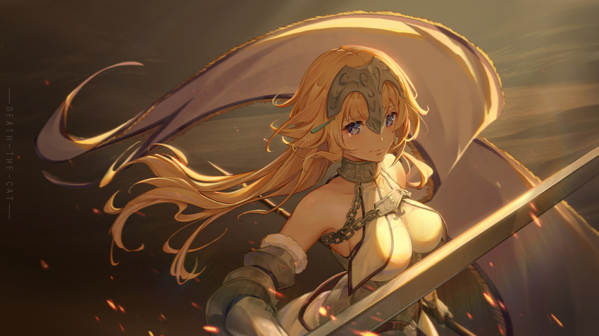 1girl armor artist_name bare_shoulders blonde_hair blue_eyes breasts chain closed_mouth death-the-cat embers fate/grand_order fate_(series) flag fur_trim gauntlets headpiece highres holding holding_sword holding_weapon jeanne_d'arc_(fate) jeanne_d'arc_(third_ascension)_(fate) large_breasts long_hair looking_at_viewer sideboob solo sword tears watermark weapon