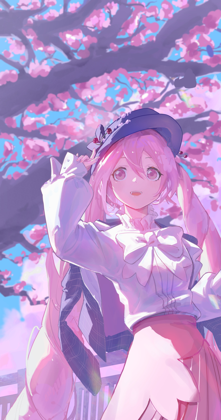 1girl absurdres blue_sky blush bow cherry_blossoms clouds curly_hair frilled_shirt_collar frilled_sleeves frills hair_between_eyes hat hatsune_miku highres jacket jacket_on_shoulders long_hair looking_ahead mala_tutou open_mouth pink_eyes pink_hair pink_skirt sakura_miku sidelighting skirt sky solo spring_(season) standing upper_body very_long_hair vocaloid white_bow