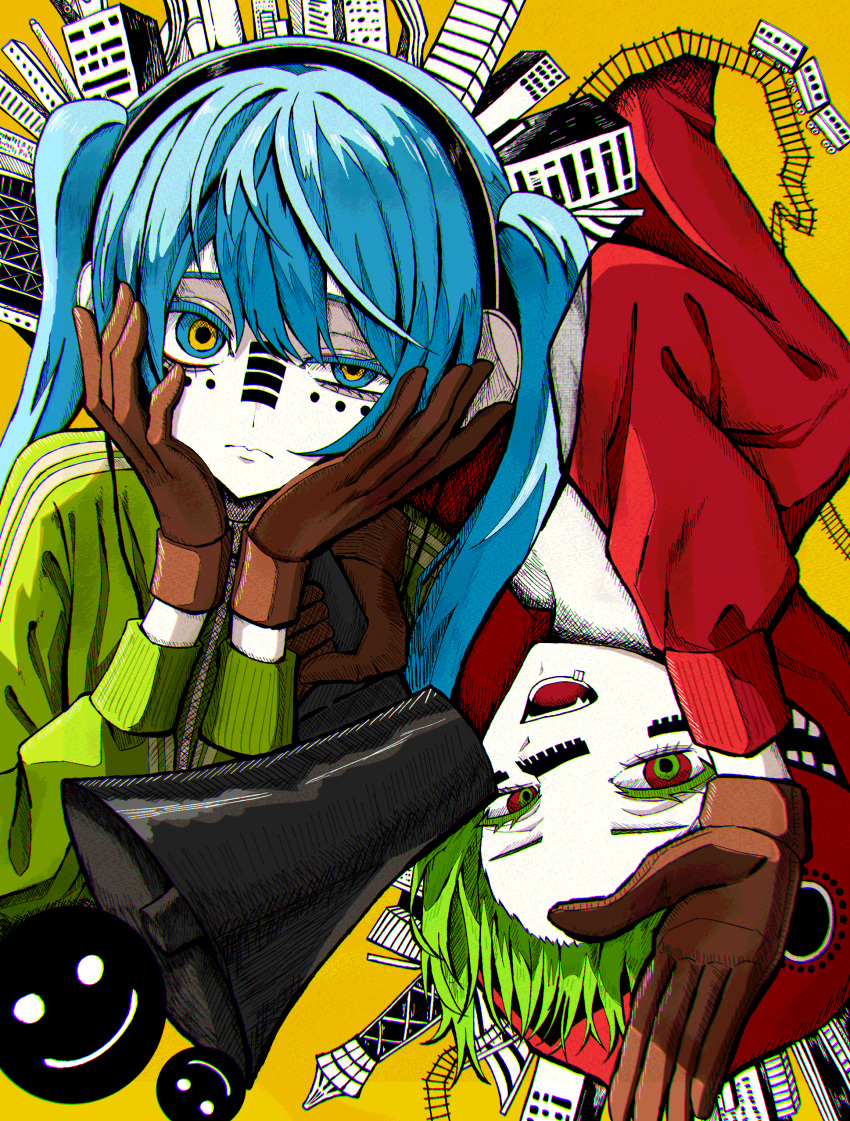 2girls absurdres aqua_eyes aqua_hair black_headphones brown_gloves closed_mouth colored_eyelashes colored_skin facial_mark fang gloves green_hair green_hoodie gumi hair_between_eyes hand_up hands_on_own_face hatsune_miku headphones highres holding holding_megaphone hood hood_down hood_up hoodie long_hair long_sleeves matryoshka_(vocaloid) megaphone multiple_girls open_mouth red_eyes red_hoodie short_hair smiley_face takayou twintails uneven_eyes upside-down vocaloid white_headphones white_skin yellow_background