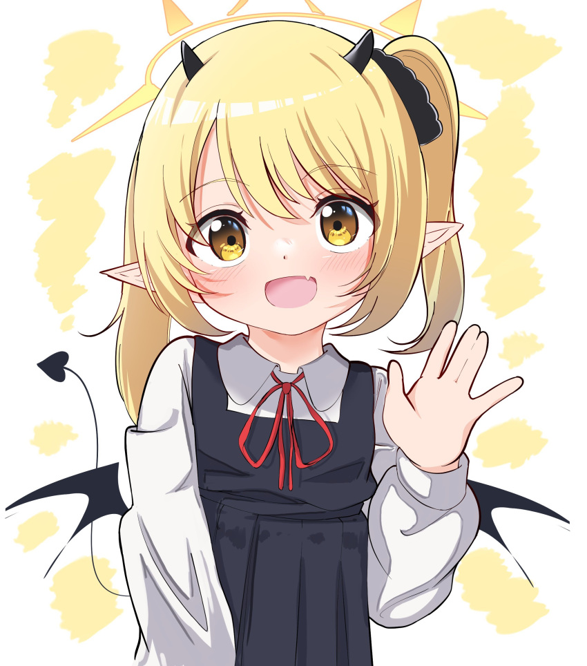 168admiral_(sunflower) 1girl :d absurdres black_dress black_horns black_ribbon black_tail black_wings blonde_hair blue_archive collared_shirt demon_girl demon_horns demon_tail demon_wings dot_nose dress fang hair_between_eyes hair_ribbon halo highres horns ibuki_(blue_archive) long_sleeves looking_at_viewer low_wings medium_hair neck_ribbon open_mouth pinafore_dress pleated_dress pointy_ears red_ribbon ribbon shirt skin_fang sleeveless sleeveless_dress smile solo tail upper_body waving white_background white_shirt wings yellow_eyes yellow_halo