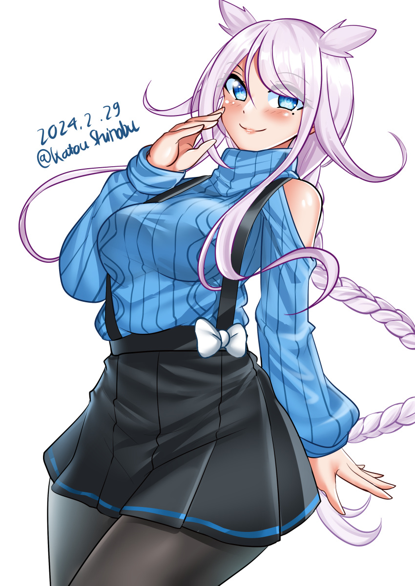 1girl absurdres black_skirt blue_eyes blue_sweater braid breasts cowboy_shot dated hair_flaps highres kantai_collection katou_shinobu long_hair looking_at_viewer medium_breasts mole mole_under_eye official_alternate_costume one-hour_drawing_challenge single_braid skirt smile solo suspender_skirt suspenders sweater twitter_username umikaze_(kancolle) umikaze_kai_ni_(kancolle) very_long_hair white_hair
