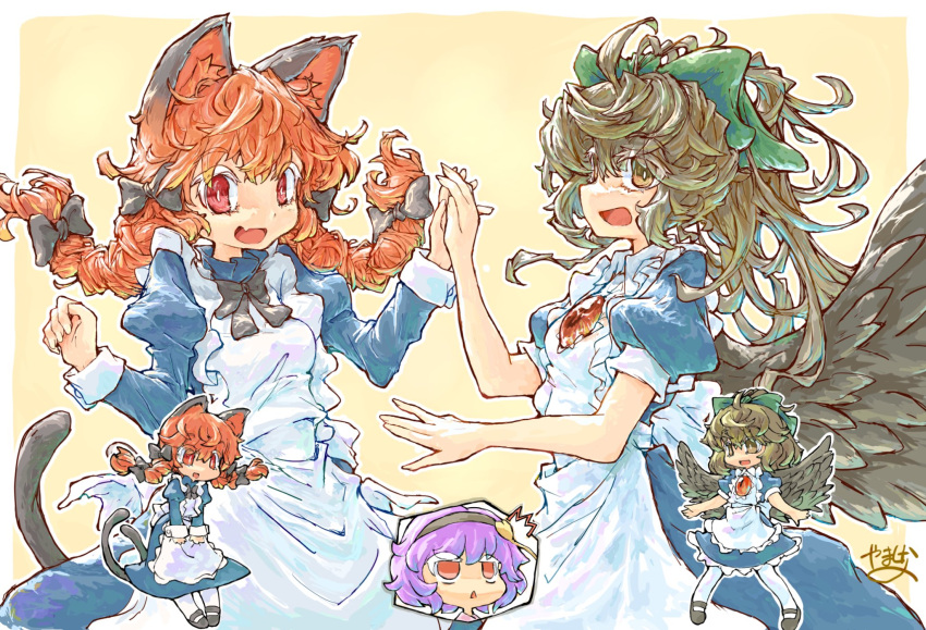 3girls animal_ears bird_wings black_bow black_bowtie bow bowtie braid brown_hair cat_ears cat_tail commentary_request green_bow hair_bow highres juliet_sleeves kaenbyou_rin komeiji_satori long_hair long_sleeves looking_at_viewer maid multiple_girls multiple_tails open_mouth puffy_sleeves purple_hair red_eyes redhead reiuji_utsuho short_hair short_sleeves signature simple_background tail third_eye touhou twin_braids two_tails wings yamasina009 yellow_background