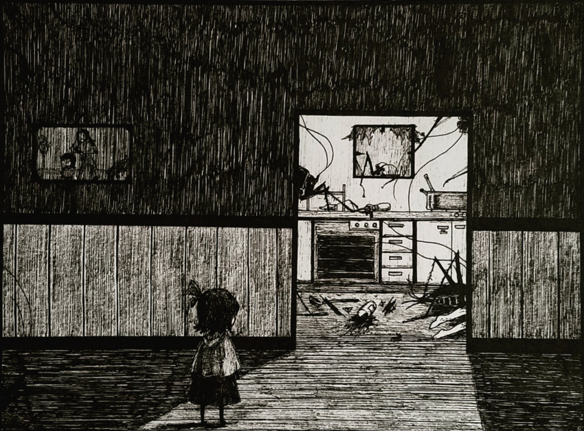 2girls ballpoint_pen_(medium) blood broken_window bug capelet child cockroach commentary_request cooking_pot corpse crack_of_light cup dark doorway dress facing_away giant_insect greyscale hair_ribbon highres hino_(yatara) horror_(theme) house indoors monochrome multiple_girls original out_of_frame oven pool_of_blood ribbon shadow short_hair spill standing traditional_media wide_shot yatara