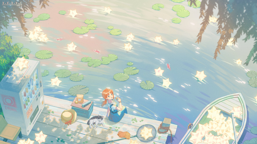 1girl absurdres artist_name blue_eyes blue_overalls boat cat fish highres jetty lake lily_pad long_hair looking_at_viewer low_twintails orange_hair original overalls scenery sitting star_(sky) twintails vending_machine watercraft wide_shot x.x.d.x.c