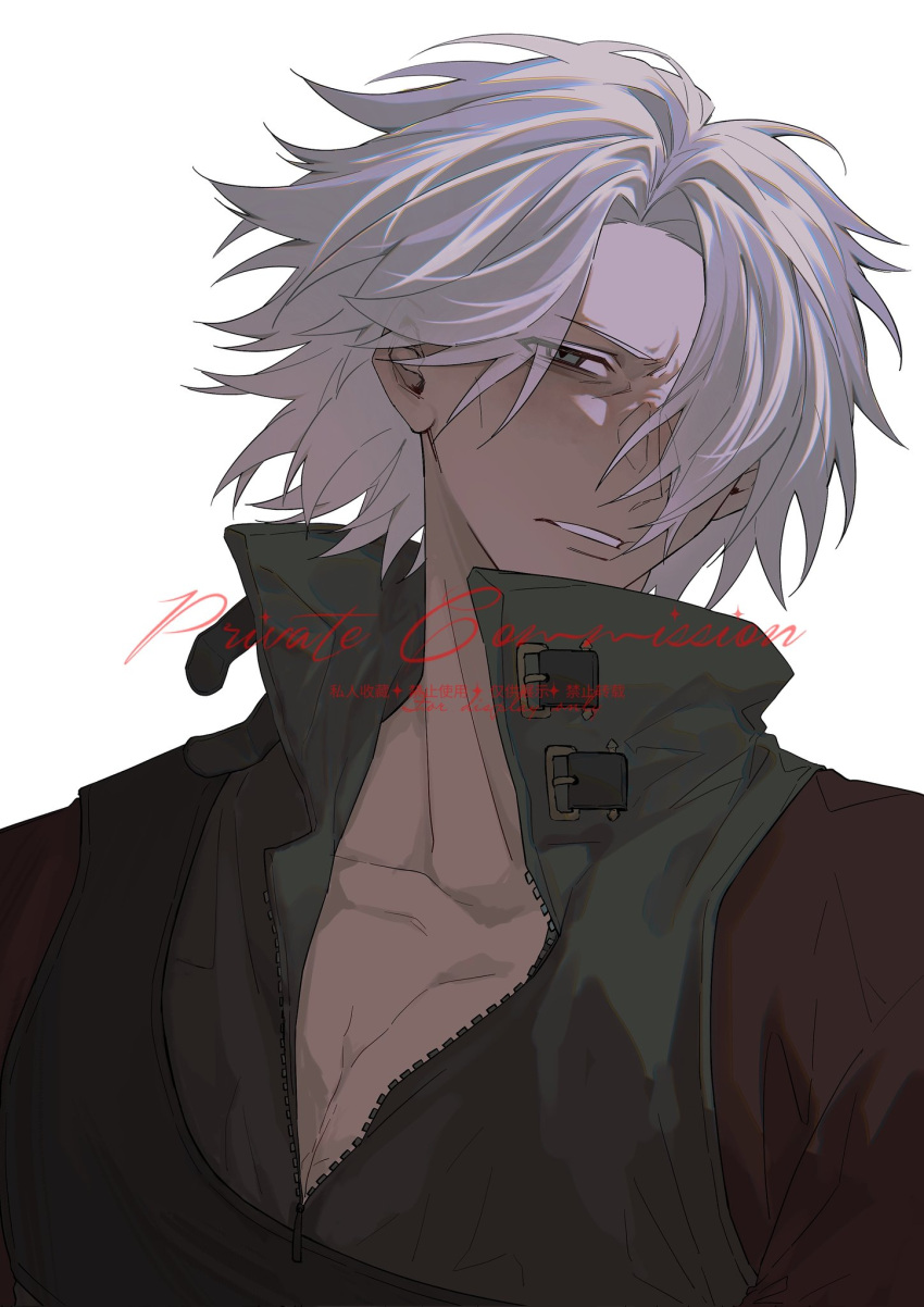 1boy bishounen blue_eyes dante_(devil_may_cry) devil_may_cry_(series) devil_may_cry_2 hair_over_one_eye highres himo_0913 male_focus simple_background solo white_hair