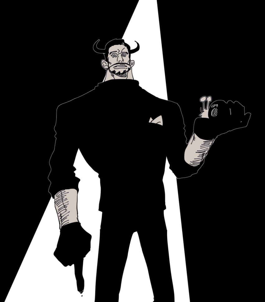 1boy beard black_theme character_request facial_hair feet_out_of_frame full_beard highres holding horns large_hands looking_at_viewer m_(132zlkotqchsgk) male_focus muscular muscular_male one_piece pointing pointing_down short_hair snail solo spotlight thick_arm_hair thick_eyebrows thick_neck