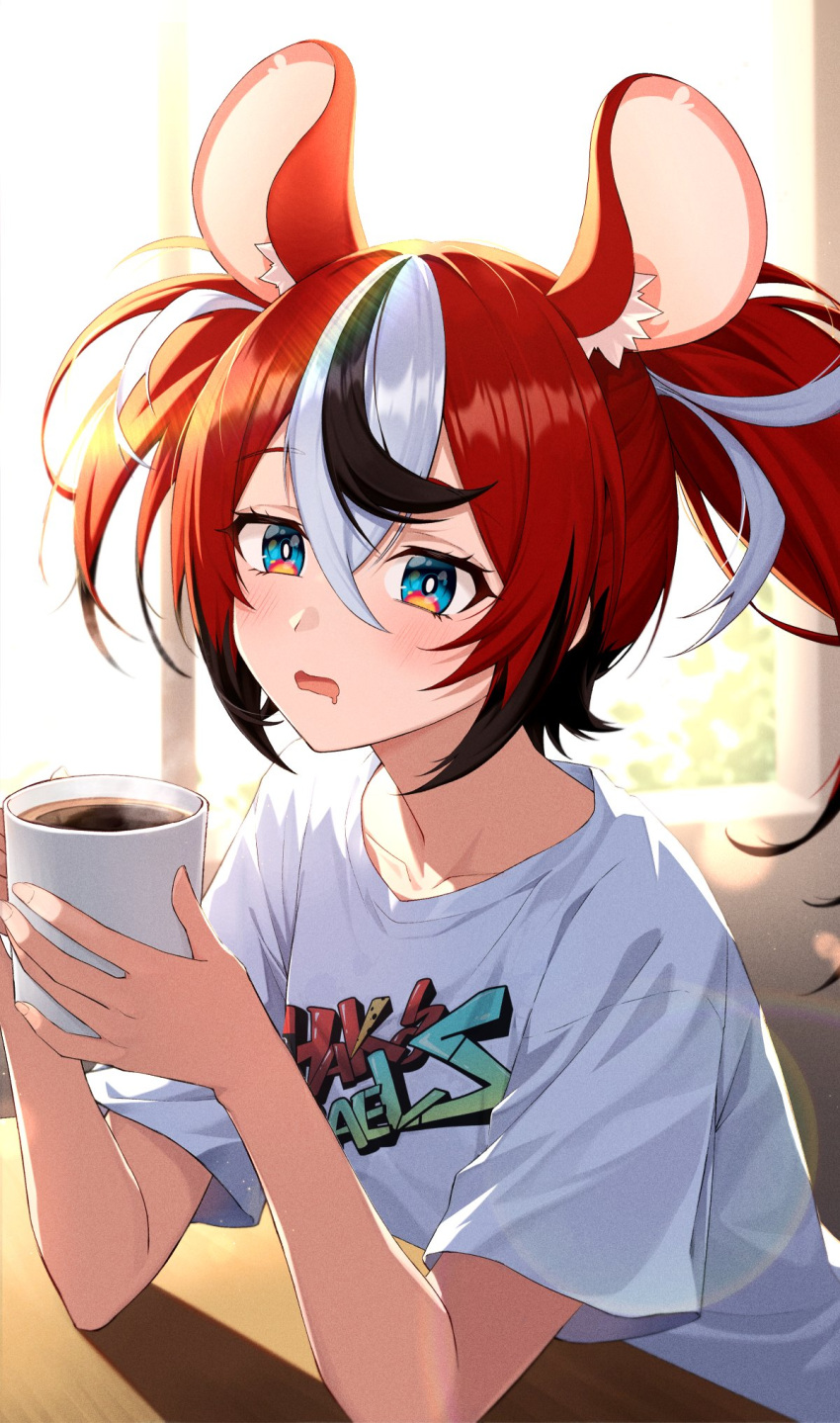 1girl alternate_costume animal_ears black_hair blue_eyes blush clothes_writing coffee_cup corsetman cup disposable_cup drooling hakos_baelz highres holding holding_cup hololive hololive_english long_hair looking_at_viewer mouse_ears mouse_girl mouth_drool multicolored_hair open_mouth redhead shirt solo streaked_hair twintails virtual_youtuber white_hair white_shirt