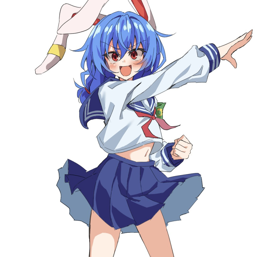 1girl alternate_costume animal_ears blue_hair blue_sailor_collar blue_skirt commentary_request d: earclip henshin_pose kamen_rider kamen_rider_(1st_series) long_sleeves looking_at_viewer low_twintails mifutatsu navel neckerchief open_mouth rabbit_ears rabbit_girl red_eyes red_neckerchief sailor_collar school_uniform seiran_(touhou) serafuku simple_background skirt smile solo touhou twintails v-shaped_eyebrows white_background