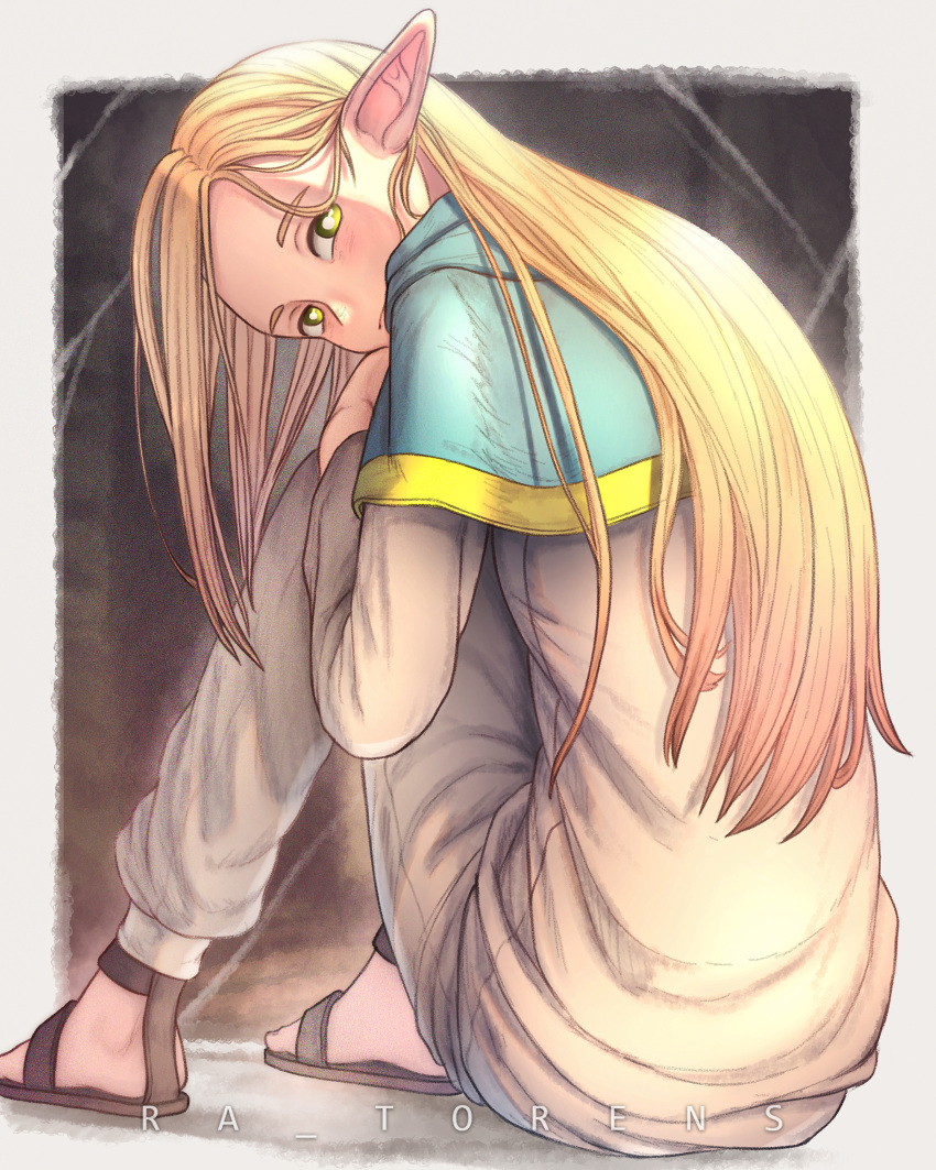1girl absurdres artist_name blonde_hair blue_capelet blurry blurry_background blush brown_background capelet closed_mouth commentary dungeon_meshi elf foot_out_of_frame from_behind frown green_eyes hair_behind_ear hair_down hand_up highres hood hood_down hooded_capelet knees_up long_hair long_sleeves looking_at_viewer looking_back marcille_donato outside_border pajamas pants pointy_ears ra_torens sandals sitting solo white_pants