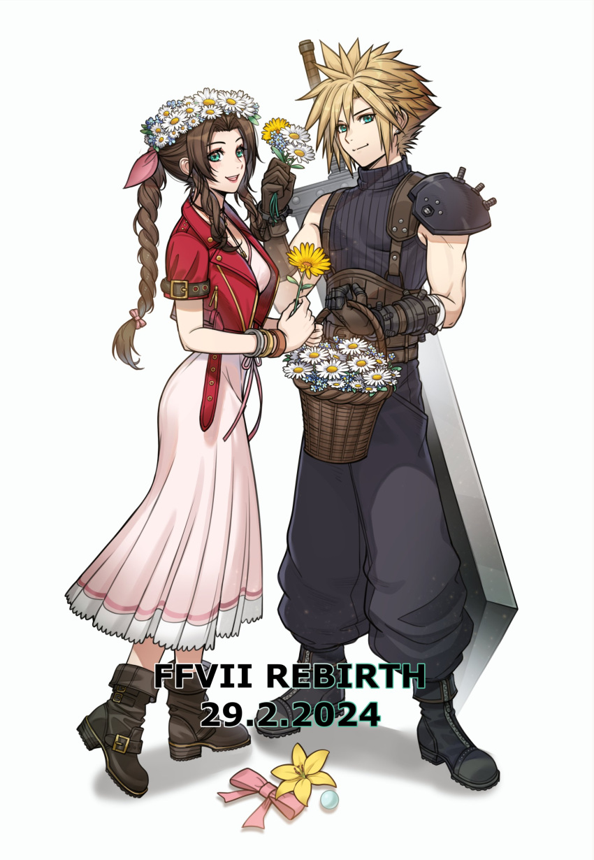 1boy 1girl absurdres aerith_gainsborough armor basket black_footwear black_pants blonde_hair blush boots braid braided_ponytail brown_footwear brown_hair buster_sword closed_mouth clouds cloudy_sky commentary copyright_name cropped_jacket dated dress english_commentary final_fantasy final_fantasy_vii final_fantasy_vii_rebirth final_fantasy_vii_remake flower forehead full_body green_eyes hair_ribbon head_wreath highres holding holding_basket holding_flower jacket lips long_hair lukrevadraws open_mouth pants pauldrons pink_dress pink_lips pink_ribbon red_jacket ribbon shadow short_hair short_sleeves shoulder_armor sidelocks simple_background single_pauldron sky spiky_hair sword weapon white_background white_flower yellow_flower
