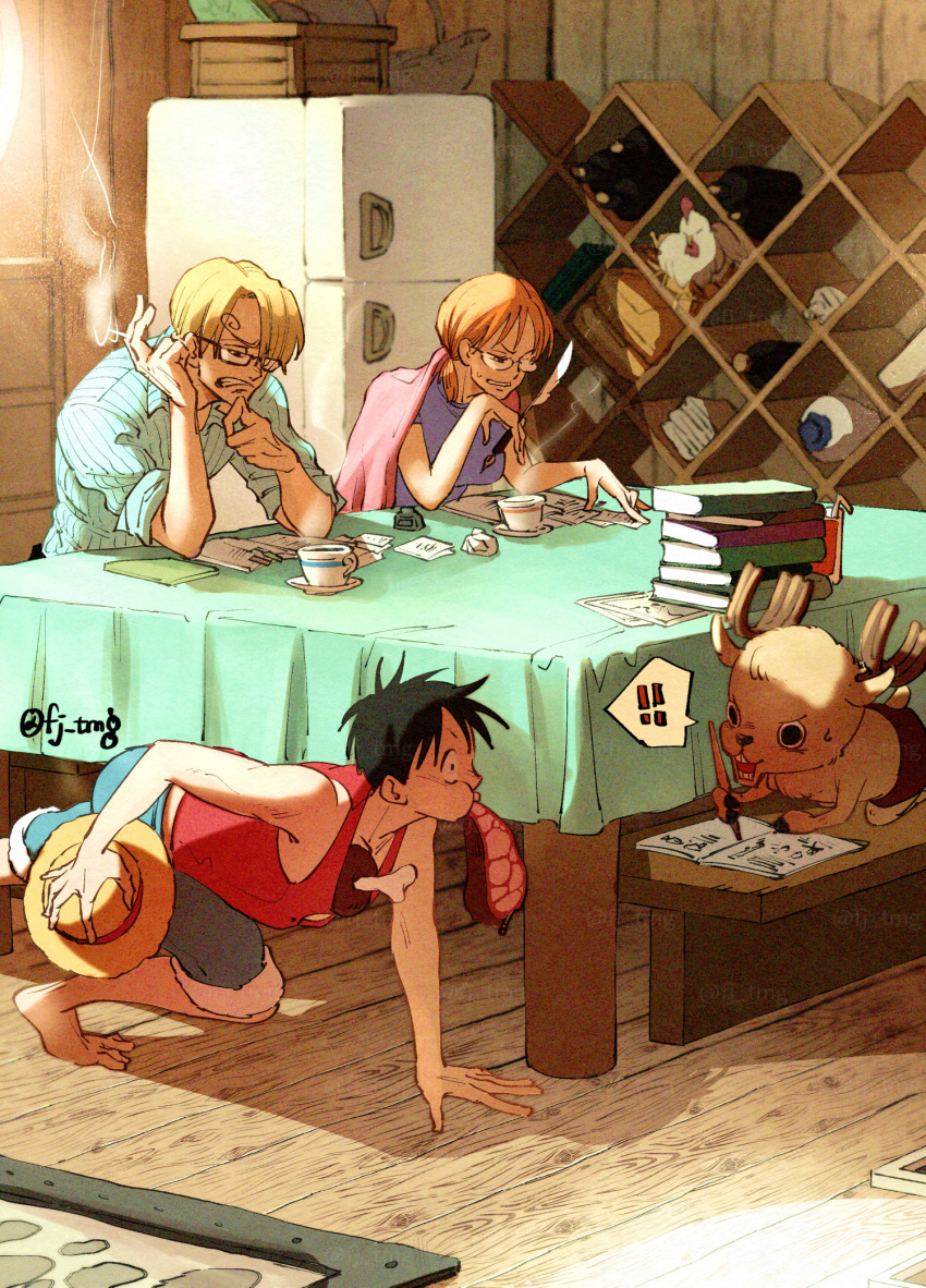 ! !! 1girl 3boys antlers basket black_hair blonde_hair blue_shirt blue_shorts book cardigan commentary cup curly_eyebrows drinking_straw eating food fujisee glasses hat highres holding holding_clothes holding_hat horns indoors looking_at_another looking_at_object meat monkey_d._luffy multiple_boys nami_(one_piece) on_ground one_piece orange_hair pink_cardigan purple_shirt red_shirt refrigerator reindeer_antlers sanji_(one_piece) shirt shorts sitting sleeveless sleeveless_shirt smoke straw_hat striped_clothes striped_shirt table tony_tony_chopper twintails vertical-striped_clothes vertical-striped_shirt