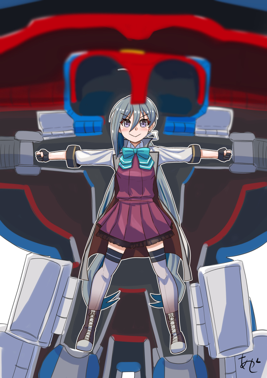 1girl ahoge akashieru aqua_bow aqua_bowtie artist_logo black_gloves bow bowtie coat dress fingerless_gloves full_body gloves grey_coat grey_eyes grey_hair grey_pantyhose grey_thighhighs hair_between_eyes halter_dress halterneck highres kantai_collection kiyoshimo_(kancolle) kiyoshimo_kai_ni_(kancolle) long_hair low_twintails machinery mecha one-hour_drawing_challenge outstretched_arms pantyhose purple_dress robot solo standing thigh-highs twintails very_long_hair