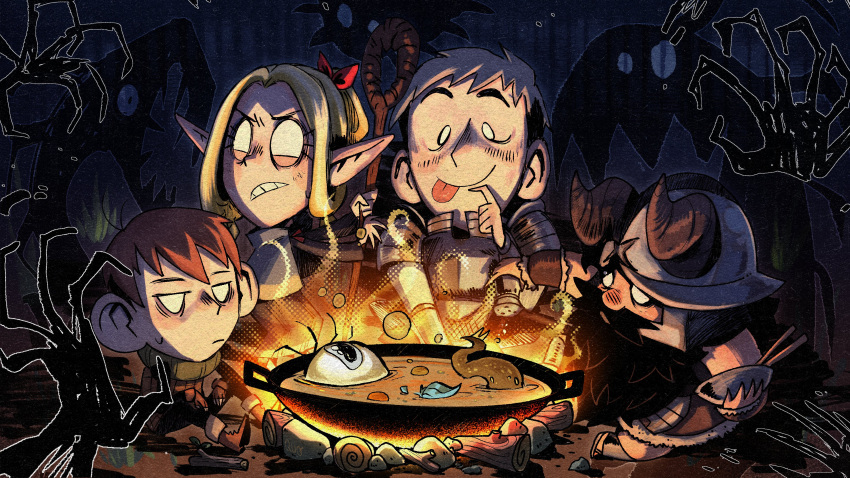 1girl 3boys :p absurdres armor beard black_hair blank_eyes blonde_hair blue_capelet blue_robe boots bowl brown_gloves campfire capelet chilchuck_tims chopsticks clenched_teeth cooking covered_mouth crossover don't_starve dungeon_meshi dwarf elf english_commentary eyeball facial_hair fake_horns fingerless_gloves flip-flops food gloves green_scarf grey_hair hair_around_ear halfling helmet highres holding holding_bowl holding_staff hood hood_down hooded_capelet horned_helmet horns jitome laios_thorden leather_armor long_beard long_hair long_sleeves looking_back making-of_available marcille_donato monster multiple_boys mustache night on_ground outstretched_arm parody parted_bangs pauldrons plate_armor pointy_ears quo_(quoiseternal) redhead robe salt_shaker sandals scarf senshi_(dungeon_meshi) shadow_creature_(don't_starve) shirt short_hair shoulder_armor sitting soup sprout staff standing style_parody tallbird_(don't_starve) teeth tentacles tongue tongue_out undercut vambraces white_shirt