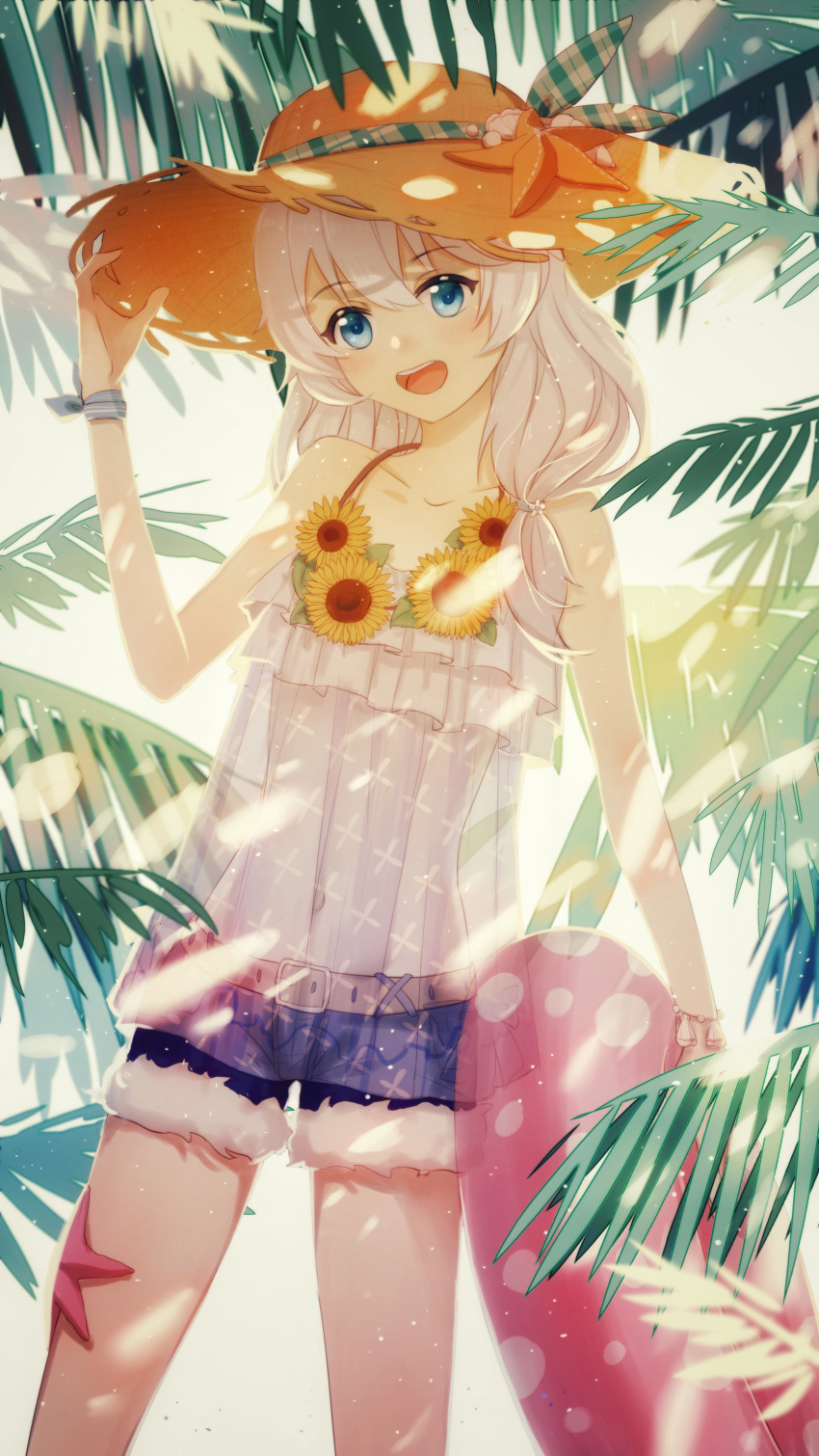 1girl :d absurdres belt blue_eyes collarbone commentary cowboy_shot denim denim_shorts flower hat highres holding holding_swim_ring honkai_(series) honkai_impact_3rd innertube long_hair looking_at_viewer navel open_mouth outdoors palm_leaf see-through shorts smile solo starfish stomach straw_hat sunflower swim_ring symbol-only_commentary teeth theresa_apocalypse theresa_apocalypse_(valkyrie_pledge) upper_teeth_only white_hair xiaozi