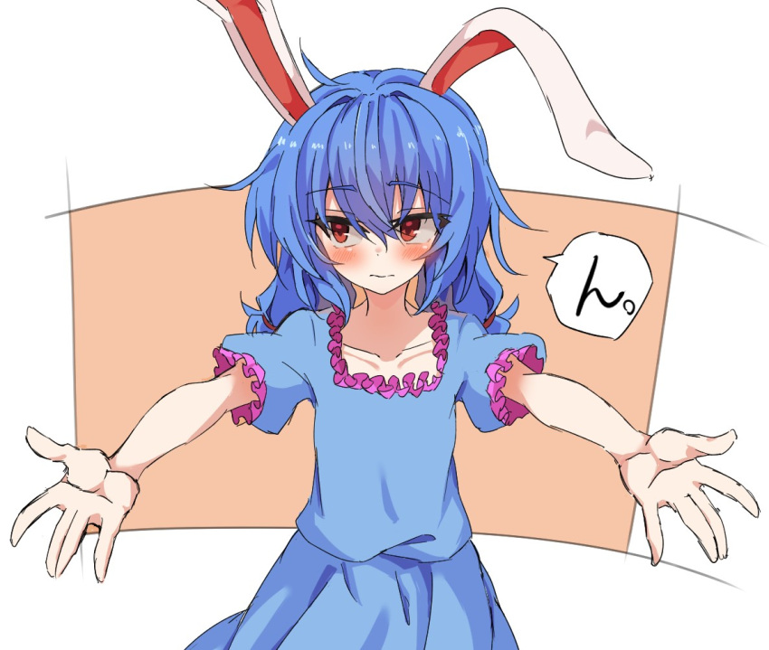 1girl animal_ears blue_hair blue_shirt blue_skirt blush closed_mouth collarbone commentary_request looking_to_the_side low_twintails medium_hair mifutatsu rabbit_ears rabbit_girl reaching reaching_towards_viewer red_eyes seiran_(touhou) shirt short_sleeves skirt solo speech_bubble touhou twintails upper_body