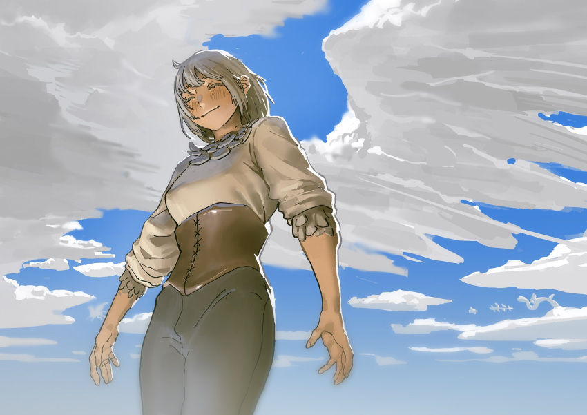 1girl blue_sky bly_mead closed_eyes clouds cloudy_sky corset dragon dungeon_meshi falin_thorden feathers from_above highres pants shirt sky smile white_hair white_shirt wings