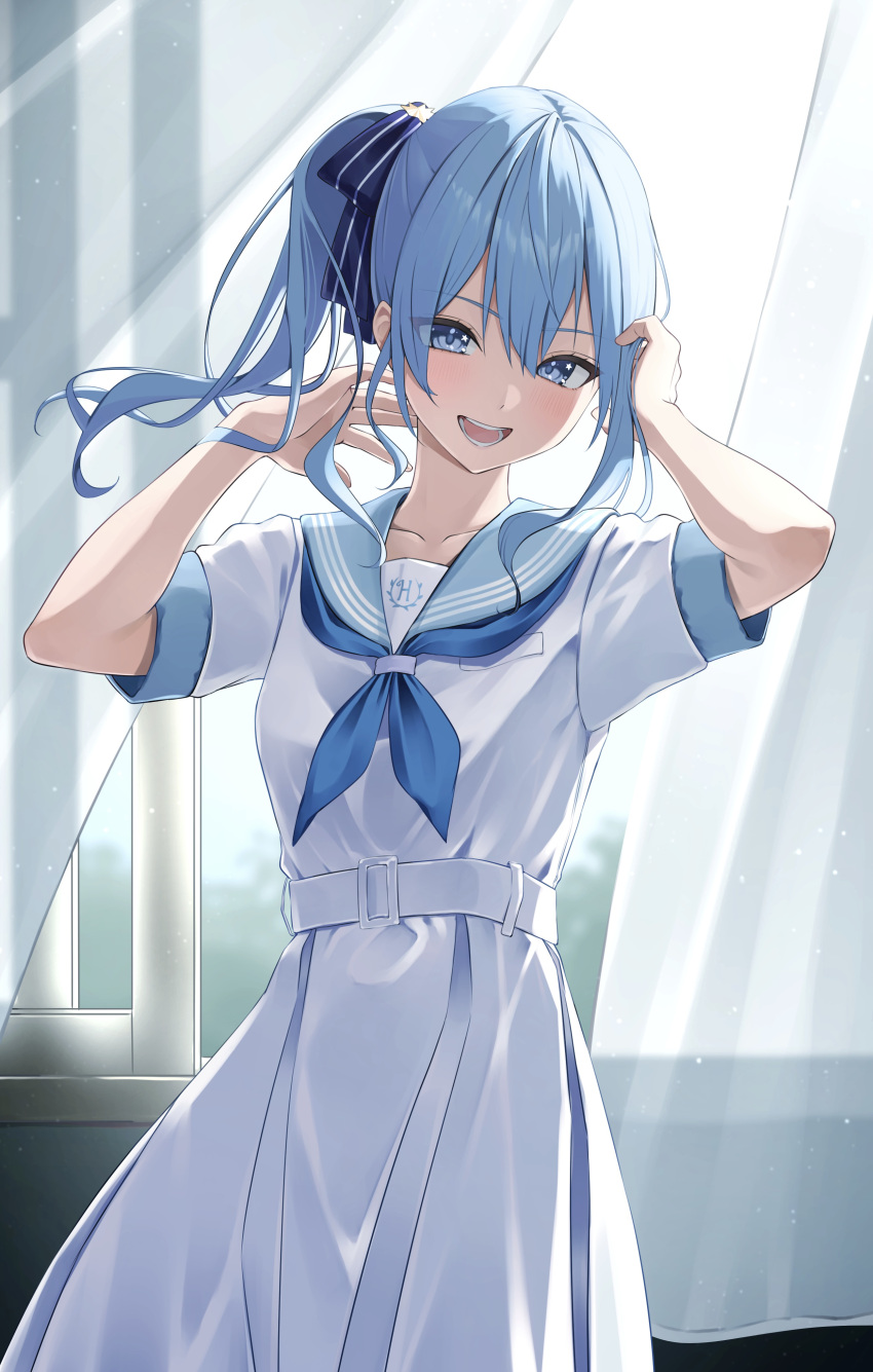 1girl absurdres asymmetrical_hair belt blue_eyes blue_hair blue_neckerchief blush breasts commentary cowboy_shot curtains dress hair_between_eyes hair_ribbon hand_in_own_hair highres holohoneygaoka_high_school_uniform hololive honeyworks hoshimachi_suisei indoors light_blue_hair looking_at_viewer medium_hair neckerchief nisi_ki_no official_alternate_costume open_mouth ribbon sailor_collar sailor_dress school_uniform short_sleeves side_ponytail small_breasts smile solo standing star_(symbol) star_in_eye striped_ribbon sunlight symbol_in_eye virtual_youtuber white_belt white_dress window