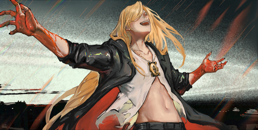 1boy absurdres black_jacket black_pants blonde_hair blood blood_on_hands closed_eyes coat earrings fate/grand_order fate_(series) flapper_shirt highres jacket jewelry long_hair male_focus medallion midriff_peek minatsunen necklace no_eyewear pants parted_bangs shirt solo tezcatlipoca_(fate) torn_clothes torn_shirt trench_coat