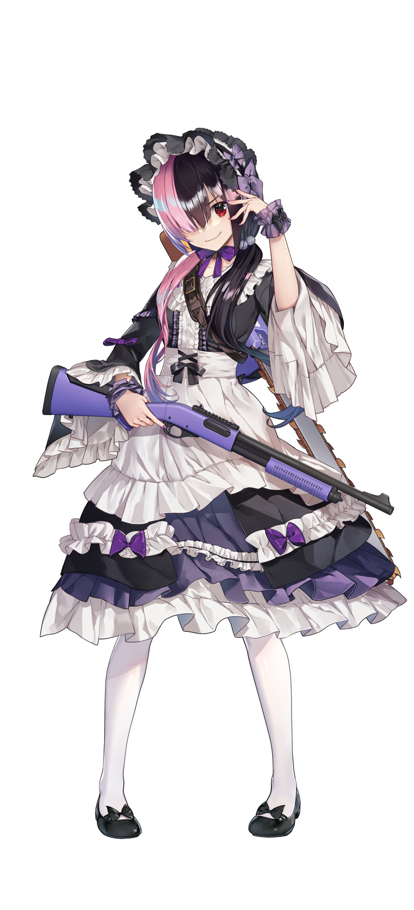 1girl absurdres arisa_hikami black_footwear black_hair bonnet bow chainsaw dress footwear_bow frilled_dress frills full_body gun hair_over_one_eye hair_over_shoulder highres holding holding_gun holding_weapon long_hair long_sleeves looking_at_viewer maid_of_the_dead multicolored_hair neck_ribbon official_art petticoat photoshop_(medium) pigeon-toed pink_hair red_eyes ribbon shotgun simple_background smile solo standing twintails two-tone_hair weapon white_background wrist_cuffs
