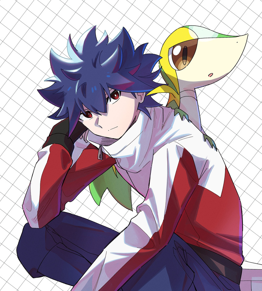 1boy absurdres black_gloves black_hair bright_pupils closed_mouth commentary_request gloves hand_up high_collar highres hugh_(pokemon) jacket jayj_824 looking_at_viewer male_focus pants pokemon pokemon_(creature) pokemon_bw2 pokemon_on_back red_eyes red_jacket short_hair snivy spiky_hair white_pupils zipper_pull_tab