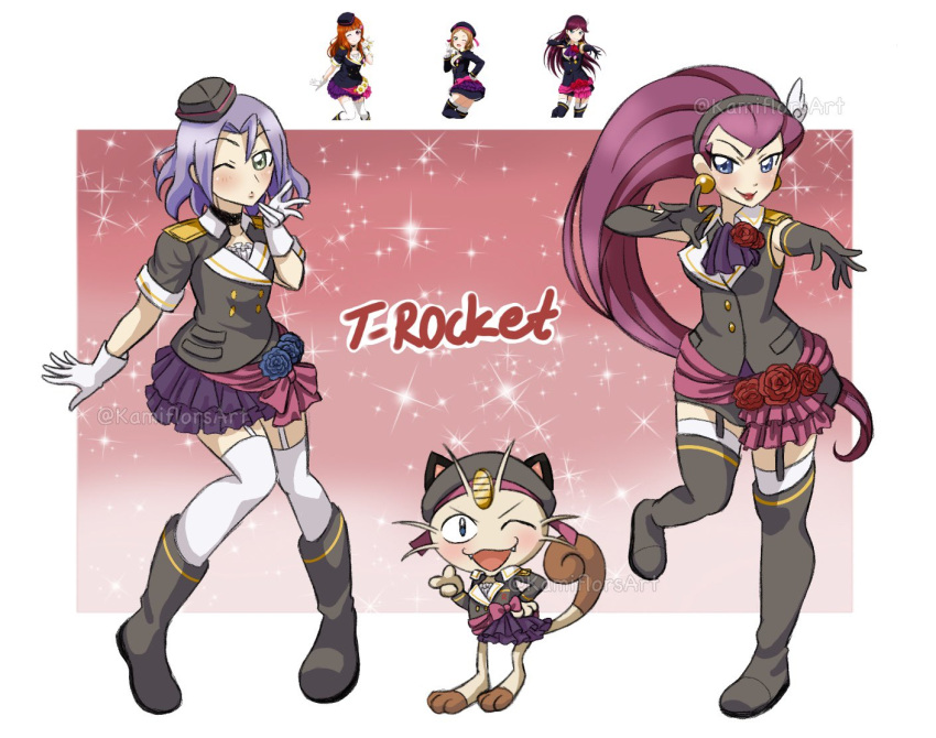 1boy 1girl black_gloves blush boots crossdressing flower gloves hat james_(pokemon) jessie_(pokemon) looking_at_viewer love_live! meowth military_hat military_uniform one_eye_closed otoko_no_ko pokemon pokemon_(anime) purple_skirt ribbon rose skirt sparkle sparkle_background team_rocket thigh-highs uniform white_gloves white_thighhighs