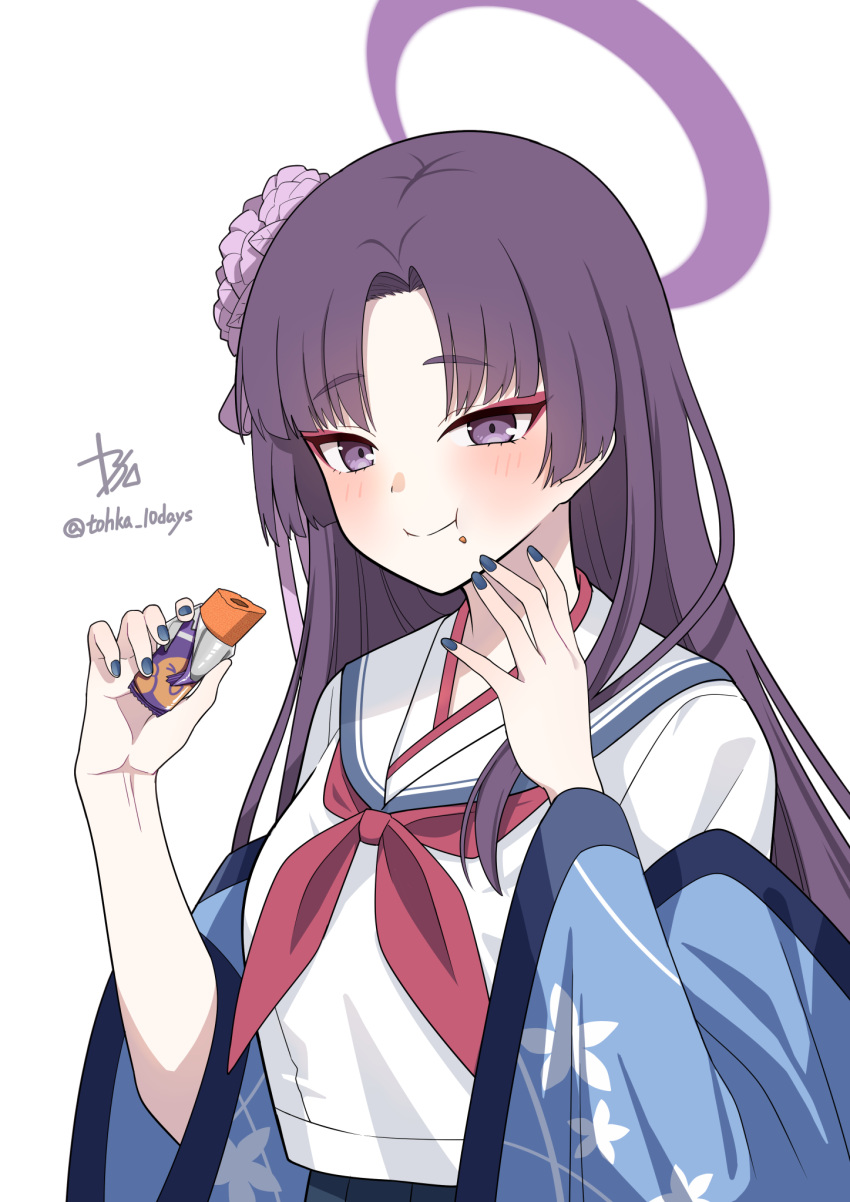 1girl :t blue_archive blush breasts commentary_request eating eyeshadow fingernails flower food hair_flower hair_ornament halo haori highres japanese_clothes long_hair looking_at_viewer makeup medium_breasts nail_polish neckerchief purple_hair red_eyeshadow red_neckerchief school_uniform serafuku signature simple_background smile solo straight_hair tohka_10days twitter_username umaibou very_long_hair violet_eyes white_background yukari_(blue_archive)