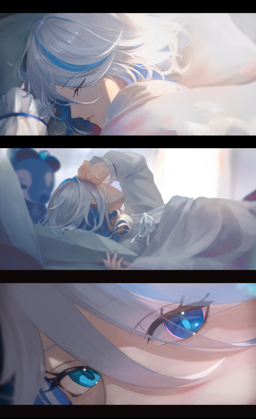 1girl absurdres anna_(drw01) blue_eyes blue_hair close-up closed_mouth frilled_sleeves frills furina_(genshin_impact) genshin_impact head_on_pillow heterochromia highres long_sleeves looking_at_viewer mismatched_pupils multicolored_hair neck_ribbon on_bed parted_lips pillow ribbon sequential shirt short_hair sleeping solo stuffed_toy sunlight symbol-shaped_pupils under_covers white_hair white_ribbon white_shirt