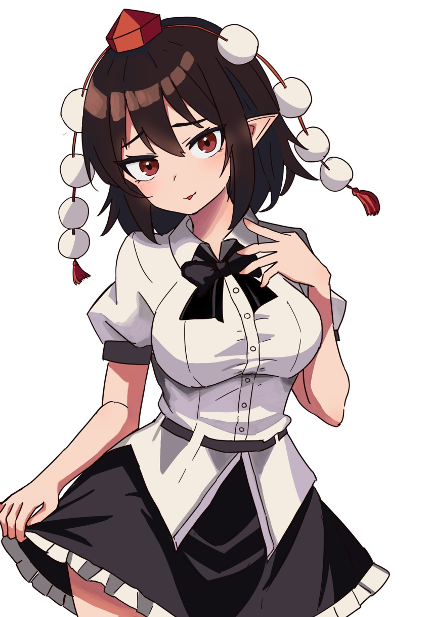 1girl belt black_belt black_bow black_bowtie black_skirt bow bowtie breasts brown_hair buttons closed_mouth collared_shirt cowboy_shot frilled_skirt frills hat highres kv-san large_breasts pointy_ears pom_pom_(clothes) puffy_short_sleeves puffy_sleeves red_eyes red_headwear shameimaru_aya shirt short_hair short_sleeves simple_background skirt skirt_hold solo tassel tokin_hat tongue tongue_out touhou white_background white_shirt