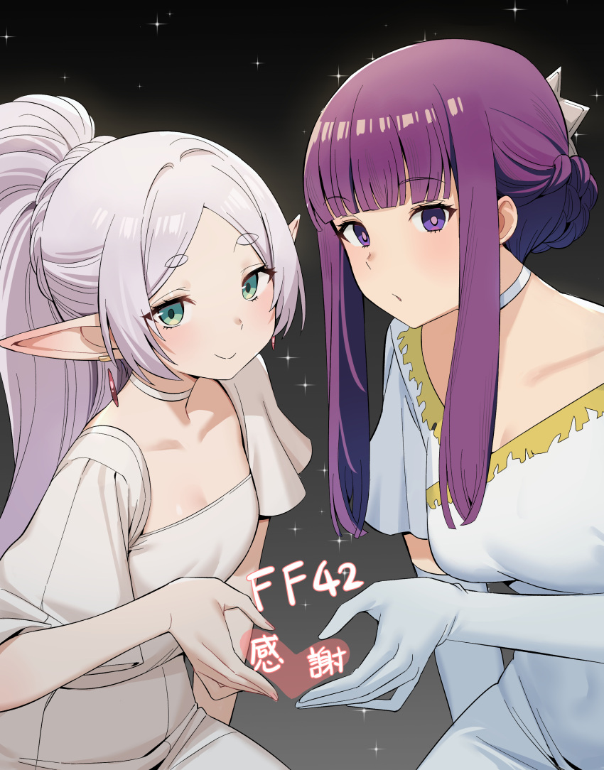 absurdres blunt_bangs breasts chen_yang_yang commentary_request dress earrings elf fern_(sousou_no_frieren) frieren green_eyes hair_bun highres jewelry long_hair looking_at_viewer official_alternate_costume official_alternate_hairstyle parted_bangs pointy_ears purple_hair sidelocks simple_background smile sousou_no_frieren straight_hair violet_eyes white_hair