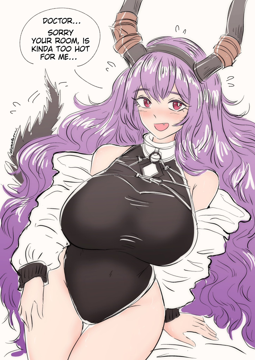 blush breasts covered_navel fang highres horns kecoadewi large_breasts leotard long_hair purple_hair red_eyes smile tail thigh_gap thighs typhon_(arknights)