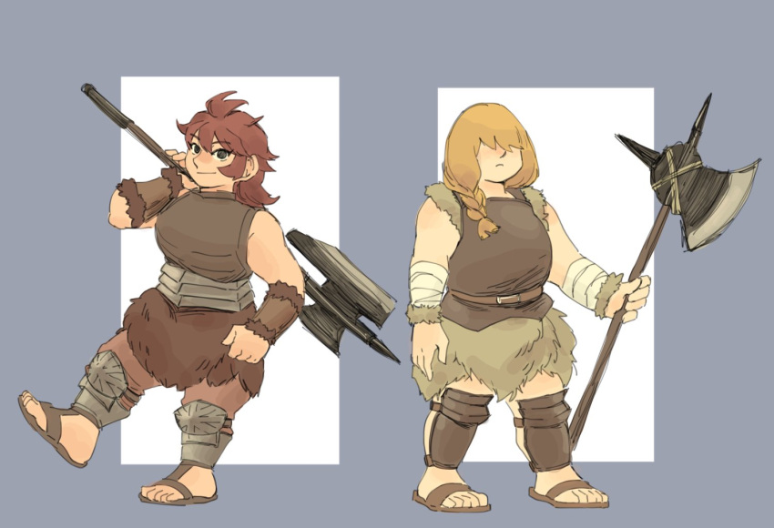 2girls arm_guards arm_wrap armor axe battle_axe belt blonde_hair braid chicken0205 closed_mouth covered_eyes dia_(dungeon_meshi) dungeon_meshi dwarf flip-flops full_body hair_over_eyes hair_over_shoulder hand_up holding holding_weapon long_hair looking_at_viewer medium_hair multiple_girls namari_(dungeon_meshi) outside_border pants pelt plate_armor red_pants redhead sand sandals shin_guards sleeveless standing standing_on_one_leg weapon