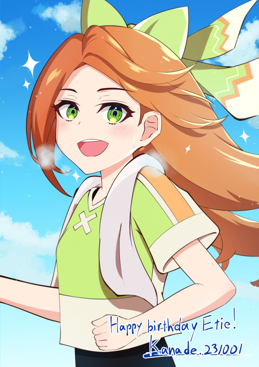 1girl bow breath crop_top etie_(fire_emblem) fire_emblem fire_emblem_engage green_bow green_eyes green_shirt happy_birthday highres kanade20207 open_mouth orange_hair shirt solo swept_bangs teeth training_outfit_(fire_emblem_engage) upper_teeth_only workout_clothes