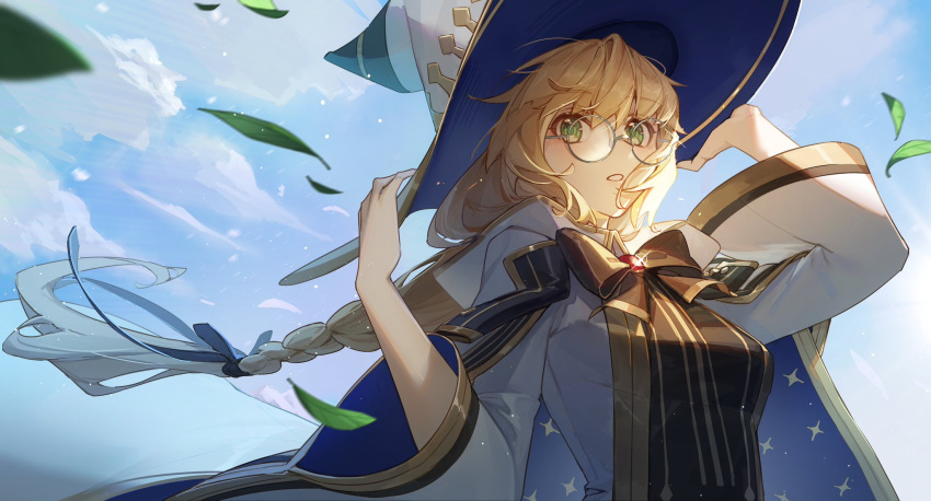 1girl black_trim blonde_hair braid cloak clouds cloudy_sky fate/grand_order fate_(series) gold_trim green_eyes hat highres holding holding_clothes holding_hat kotatsu_kaya leaf red_brooch robe round_eyewear sidelocks single_braid sky solo tonelico_(fate) tonelico_(first_ascension)_(fate) two-sided_fabric two-sided_headwear two-tone_sleeves white_cloak white_headwear white_robe wide_brim witch_hat