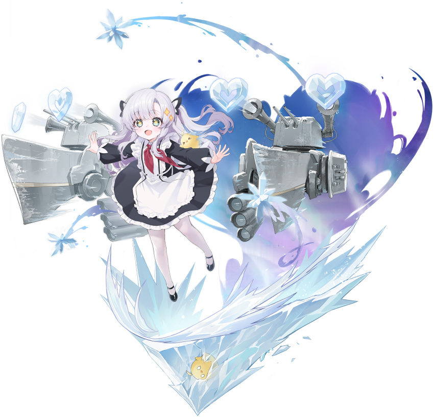 +_+ 1girl animal apron azur_lane bird black_bow black_dress black_footwear black_ribbon blush bow cannon chick chungu collared_dress dress frilled_apron frilled_dress frills full_body green_eyes grey_hair hair_bow hair_ornament heart highres ice long_hair long_sleeves looking_at_viewer machinery maid maid_apron manjuu_(azur_lane) mary_janes neckerchief necktie official_alternate_costume official_art ognevoy_(azur_lane) open_mouth outstretched_arms pantyhose puffy_long_sleeves puffy_sleeves red_neckerchief red_necktie ribbon rigging shoes simple_background smile solo spread_arms standing star-shaped_pupils star_(symbol) symbol-shaped_pupils torpedo_tubes transparent_background turret two_side_up white_apron white_pantyhose