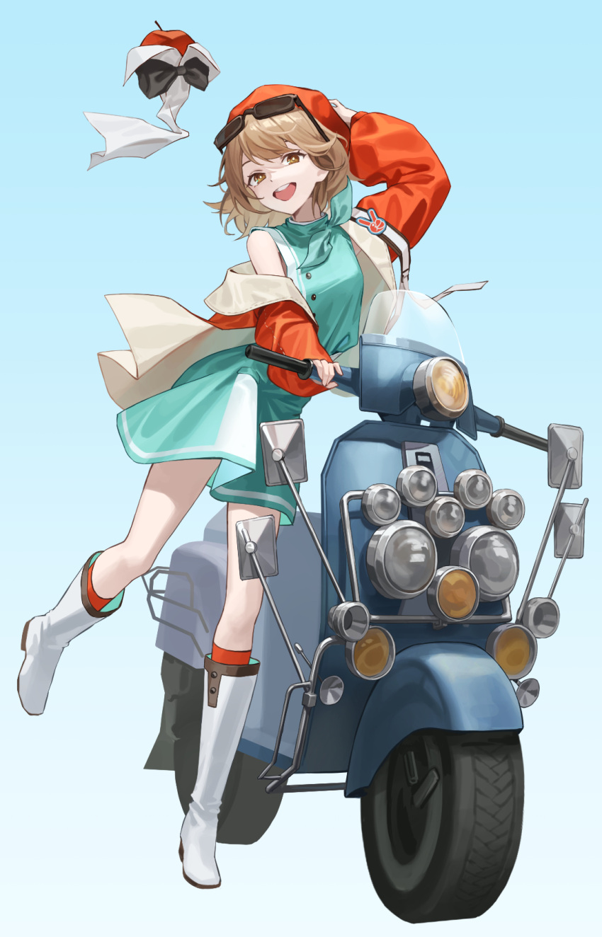 1girl :d alohayuja apple apple_(reverse:1999) aqua_dress aqua_neckerchief arm_up beret black_bow black_bowtie blue_background boots bow bowtie brown_hair dress eyewear_on_head food fruit full_body gradient_background hand_on_headwear hand_up hat highres jacket knee_boots kneehighs leg_up long_sleeves looking_at_viewer motor_vehicle neckerchief open_clothes open_jacket puffy_long_sleeves puffy_sleeves red_headwear red_jacket red_socks regulus_(reverse:1999) reverse:1999 scooter short_dress short_hair single_bare_shoulder single_off_shoulder sleeveless sleeveless_dress smile socks solo standing standing_on_one_leg sunglasses teeth traditional_bowtie upper_teeth_only white_footwear yellow_eyes