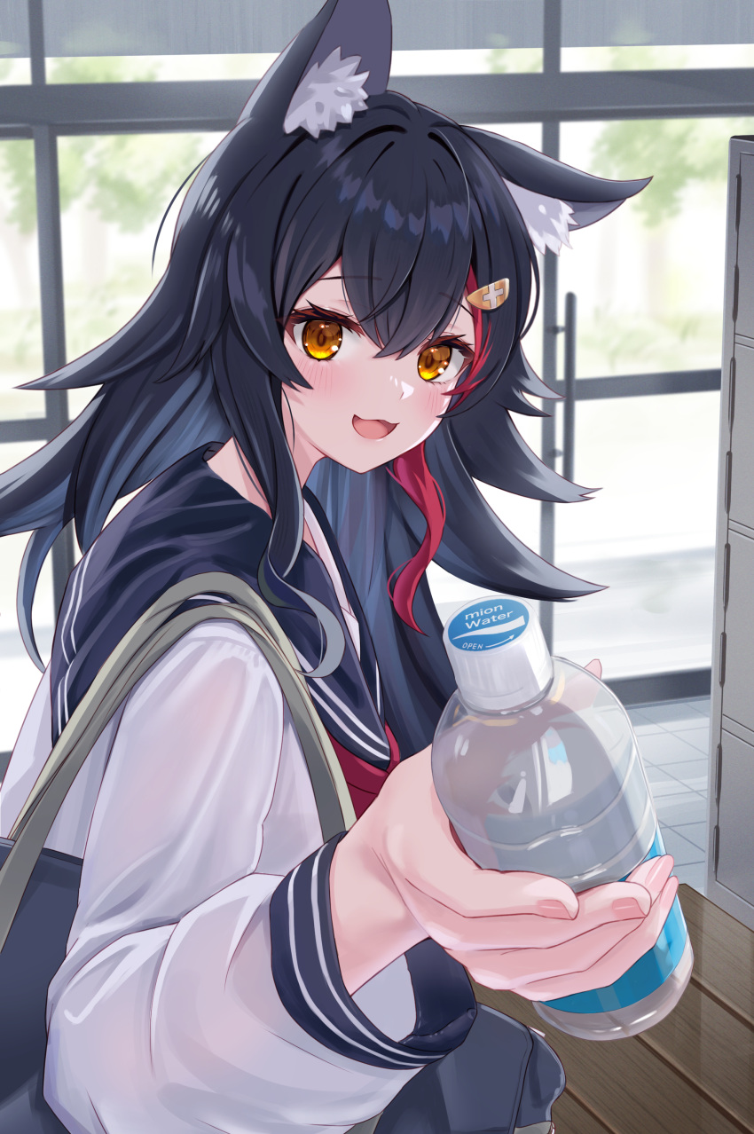 1girl absurdres alternate_costume animal_ears bag black_hair blue_sailor_collar blush bottle brand_name_imitation commentary_request giving highres holding holding_bottle hololive indoors long_sleeves looking_at_viewer multicolored_hair ookami_mio open_mouth plastic_bottle pocari_sweat redhead sailor_collar school_bag school_uniform serafuku shirt smile solo streaked_hair togemaru34 virtual_youtuber water_bottle white_shirt wolf_ears wolf_girl wooden_floor yellow_eyes