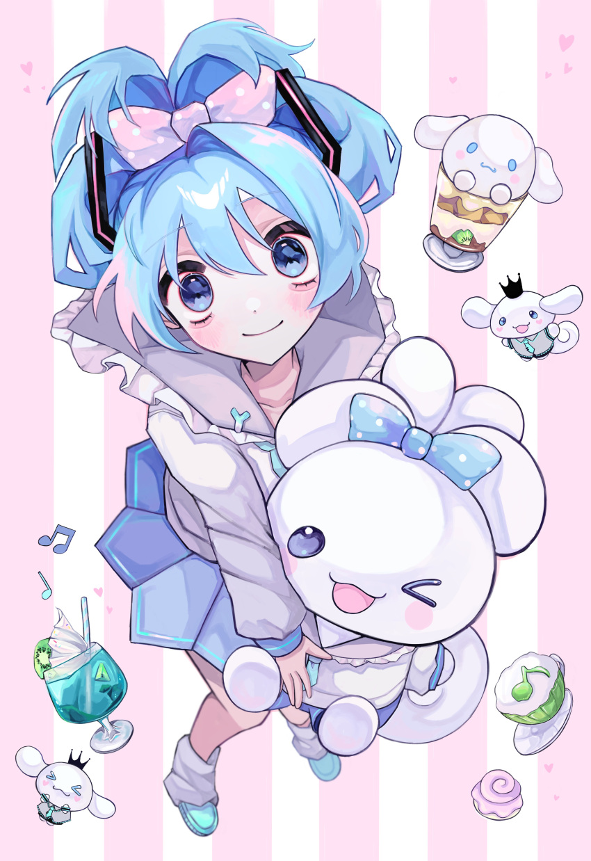 1girl absurdres animal aqua_bow aqua_footwear aqua_hair black_crown_(object) blue_eyes blue_shorts blue_skirt bow cinnamiku cinnamoroll closed_mouth cup drinking_straw food frilled_sailor_collar frills from_above fruit grey_sailor_collar grey_shirt hair_between_eyes hair_bow hair_ornament hatsune_miku heart highres holding holding_animal kiwi_(fruit) kiwi_slice leg_warmers long_sleeves looking_at_viewer multicolored_hair musical_note pink_background pink_bow pink_hair polka_dot polka_dot_bow sailor_collar sanrio shirt shizumu_(shi_zumu) shorts skirt smile solo spring_onion streaked_hair striped_background updo vocaloid whipped_cream white_background white_leg_warmers