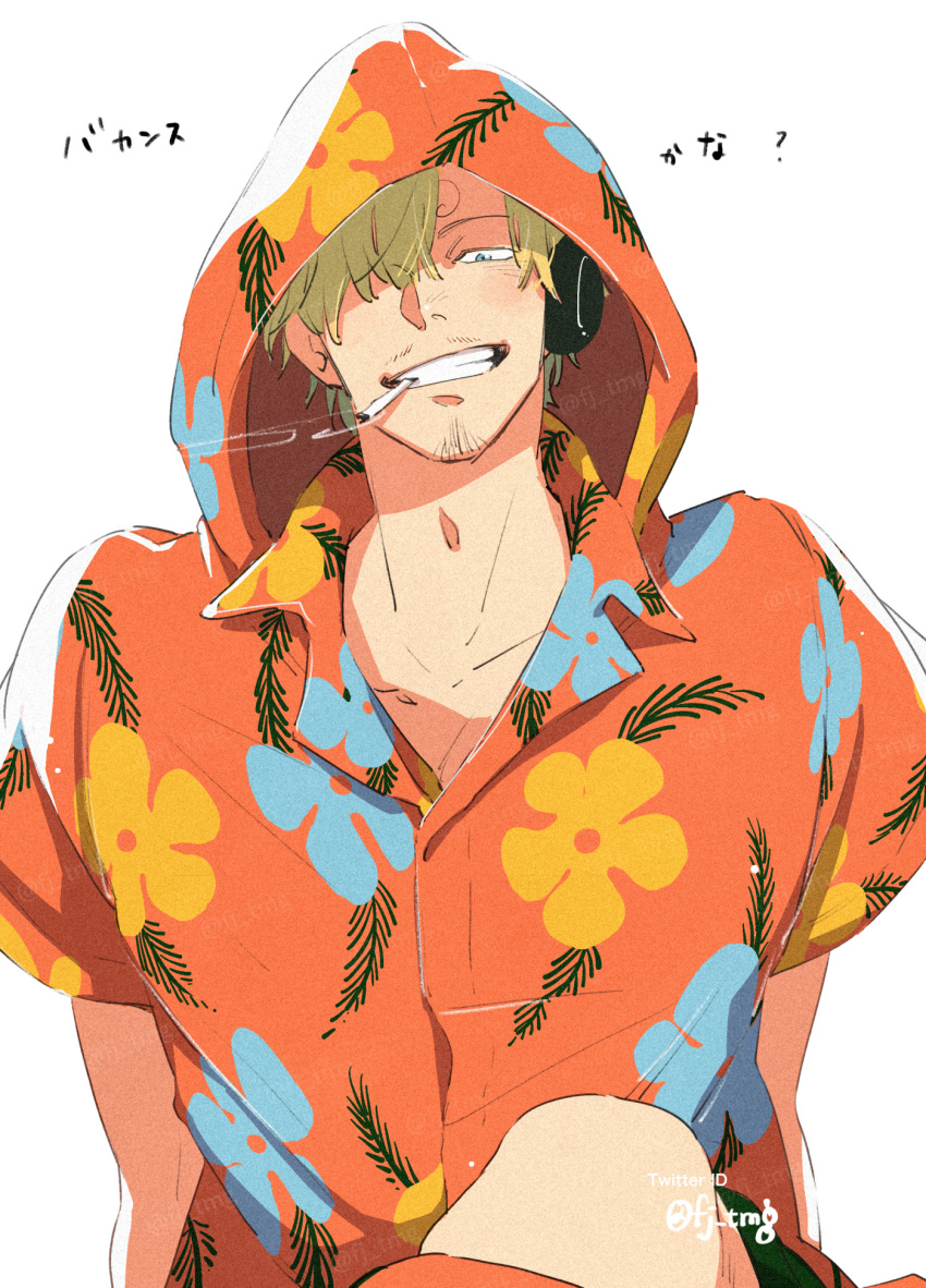 1boy blonde_hair cigarette commentary curly_eyebrows facial_hair floral_print fujisee goatee_stubble hair_over_one_eye headphones highres hooded_shirt male_focus one_piece sanji_(one_piece) simple_background solo stubble twitter_username upper_body white_background