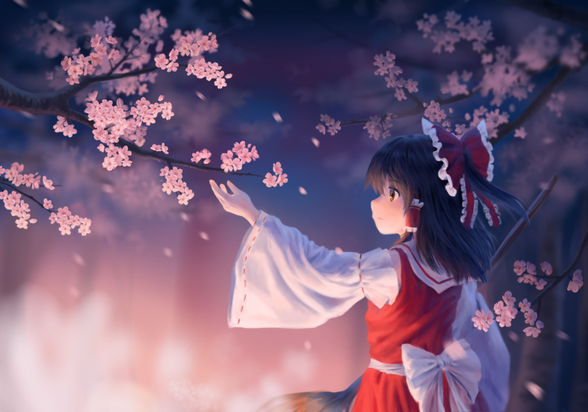 bow branch broom brown_eyes brown_hair cherry_blossoms closed_mouth detached_sleeves dress frilled_hair_tubes frills hair_bow hair_ribbon hair_tubes hakurei_reimu hand_up highres holding holding_broom looking_at_object nontraditional_miko ribbon satellitedragon sleeveless sleeveless_dress touhou