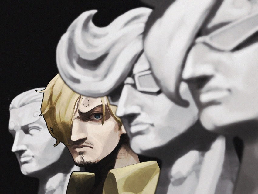 4boys blonde_hair collared_shirt curly_eyebrows facial_hair frown gloom_(expression) goatee highres iam_san3 looking_ahead looking_at_viewer multiple_boys mustache_stubble one_piece quadruplets sanji_(one_piece) serious shirt short_hair statue stubble sunglasses symbolism upper_body vinsmoke_ichiji vinsmoke_niji vinsmoke_yonji