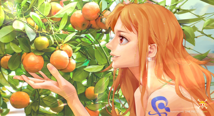 1girl arm_tattoo character_name close-up commentary_request copyright_name earrings food fruit glitter highres jewelry long_hair mandarin_orange nami_(one_piece) one_piece orange_eyes orange_hair profile sidelocks smile tattoo tree yellow_(huang-hotdog)