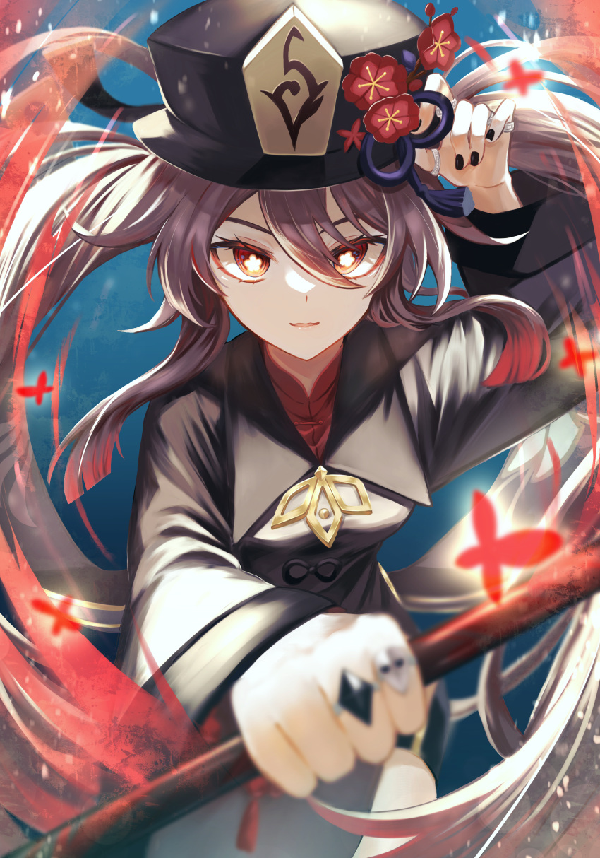 1girl absurdres arm_up black_coat black_headwear black_nails blurry brown_hair coat commentary_request depth_of_field flower flower-shaped_pupils genshin_impact hair_between_eyes hat hat_flower highres holding holding_weapon hu_tao_(genshin_impact) long_hair long_sleeves looking_at_viewer plum_blossoms porkpie_hat red_eyes solo symbol-shaped_pupils tsuchinoko_(vjde8458) twintails upper_body weapon