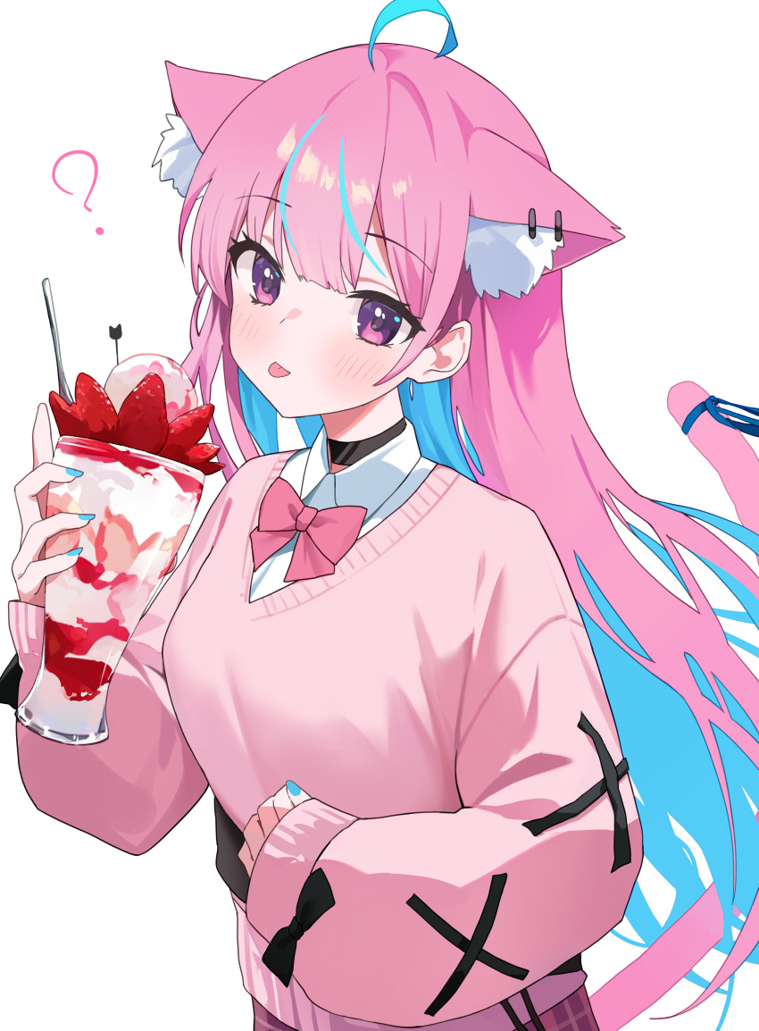 ? absurdres ahoge animal_ear_fluff animal_ear_piercing animal_ears black_choker blue_hair blue_nails blush bow bowtie cardigan cat_ears cat_tail choker colored_inner_hair cup fingernails hand_up highres holding holding_cup hololive long_fingernails long_hair long_sleeves looking_at_viewer minato_aqua multicolored_hair nail_polish nel_dcm parfait pink_bow pink_bowtie pink_cardigan pink_hair plaid plaid_skirt shirt simple_background skirt tail tongue tongue_out upper_body very_long_hair violet_eyes virtual_youtuber white_background white_shirt