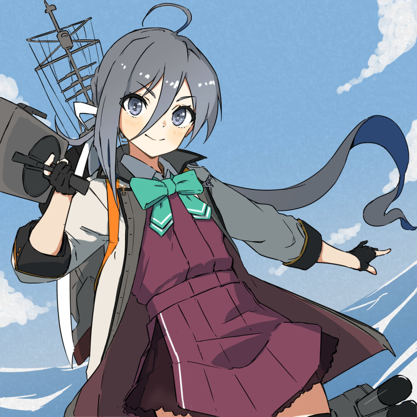 1girl absurdres adapted_turret ahoge aqua_bow aqua_bowtie bigkwl black_gloves blue_sky bow bowtie cannon clouds coat cowboy_shot day gloves grey_coat grey_eyes grey_hair grey_pantyhose hair_between_eyes highres kantai_collection kiyoshimo_(kancolle) kiyoshimo_kai_ni_(kancolle) long_hair low_twintails mast ocean outdoors pantyhose partially_fingerless_gloves sky smile solo torpedo_launcher turret twintails very_long_hair water