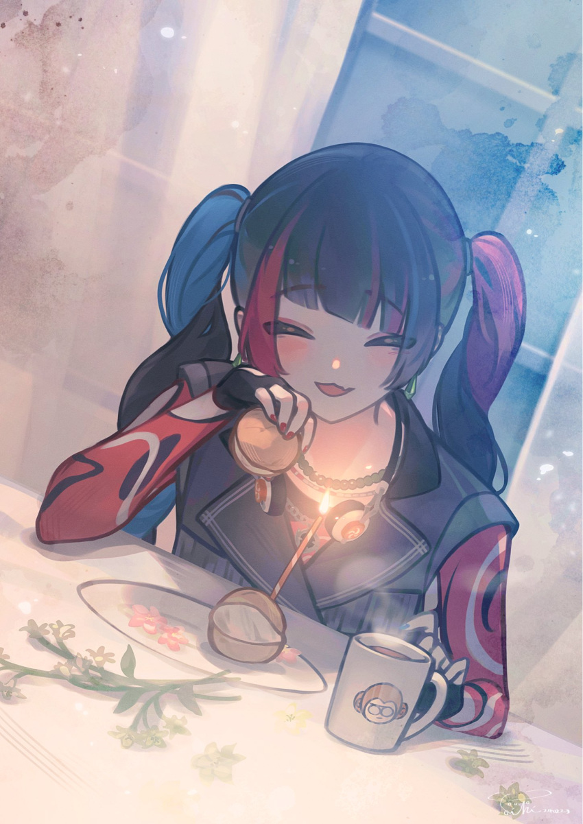 1girl :d black_gloves black_hair black_shirt blue_hair blue_nails blush candle closed_eyes coffee_mug cup curtains detached_sleeves drink dutch_angle facing_viewer fingerless_gloves food ghostlibe gloves harusaruhi headphones headphones_around_neck highres holding holding_food indoors kamitsubaki_studio long_hair long_sleeves mug multicolored_hair nail_polish open_mouth pastry red_nails red_sleeves redhead shirt sleeveless sleeveless_shirt smile solo steam twintails upper_body window